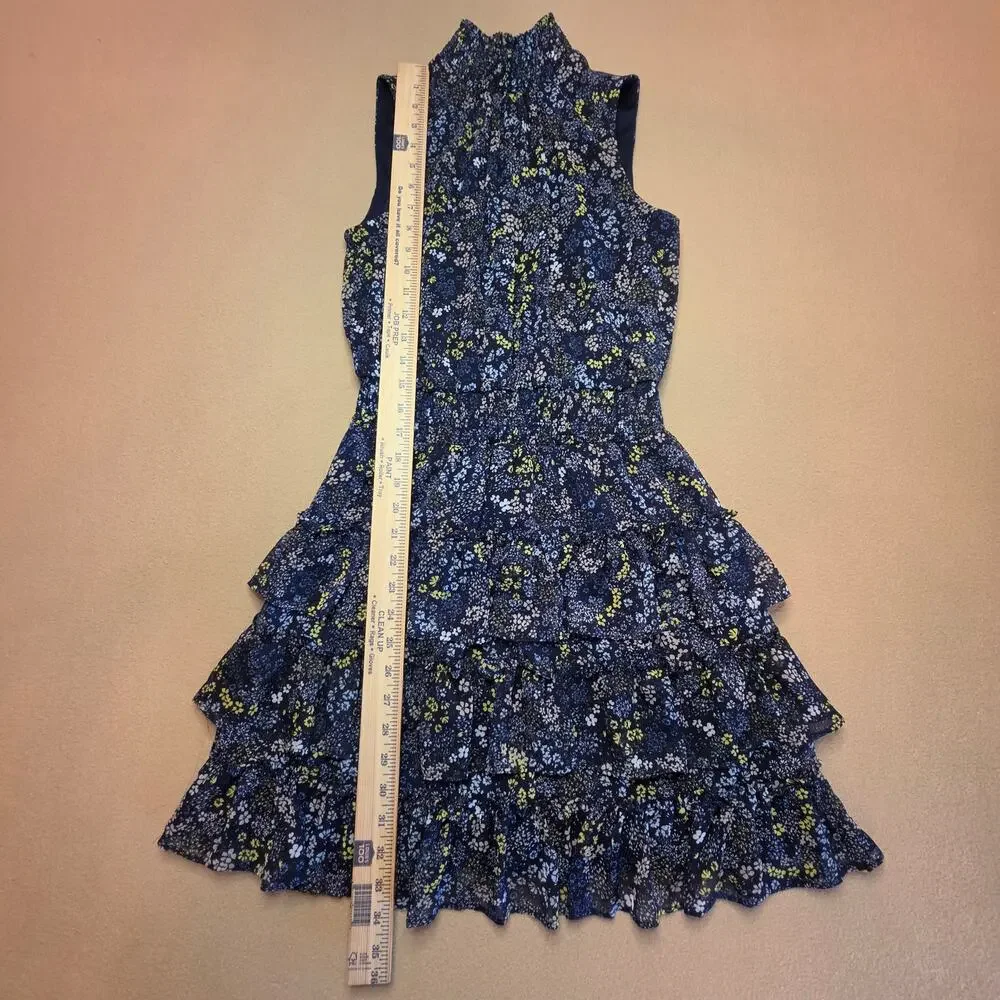 Sam & Jess Blue Floral Smocked-Waist Ruffled Tiered Sleeveless Dress Sz Small